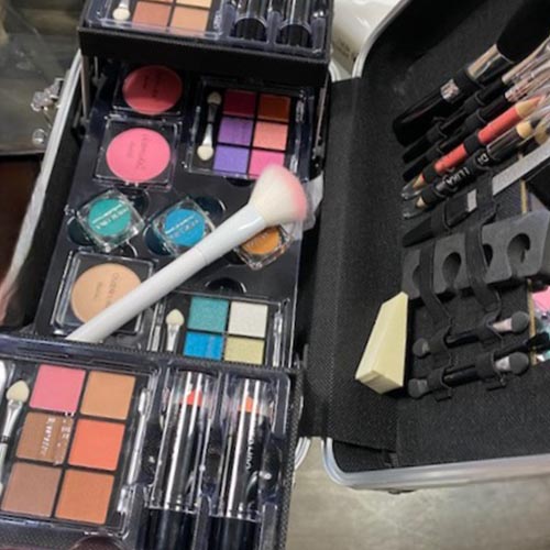 view of the makeup bag with different products